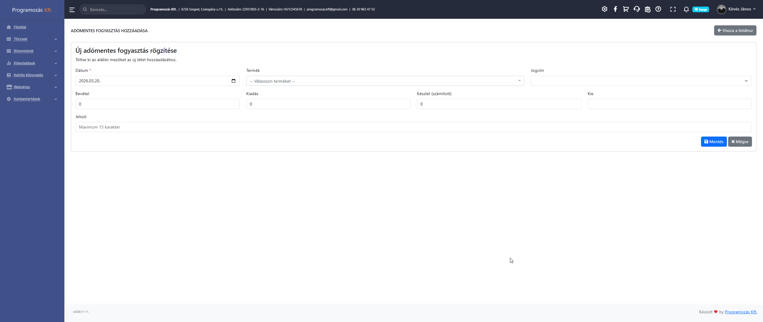 Új adómentes fogyasztás bejegyzés