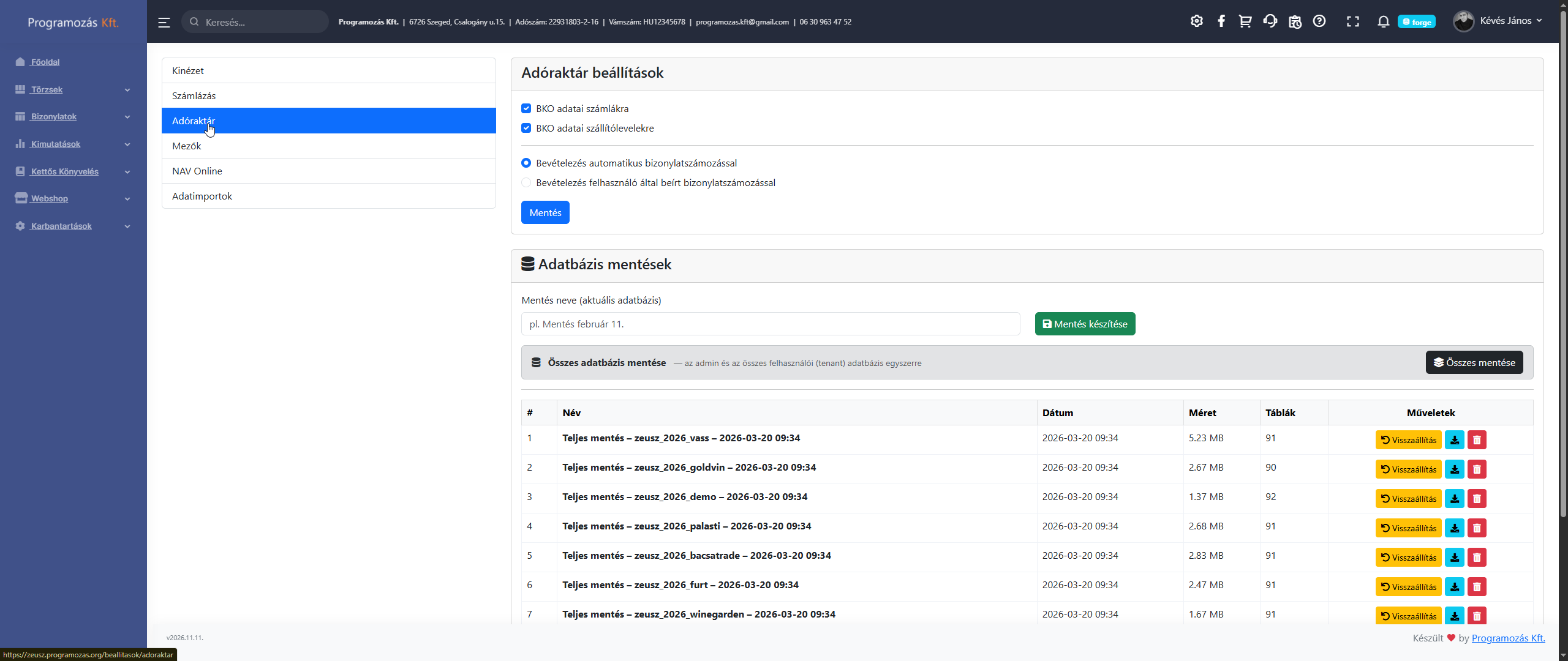 Adóraktár beállítások