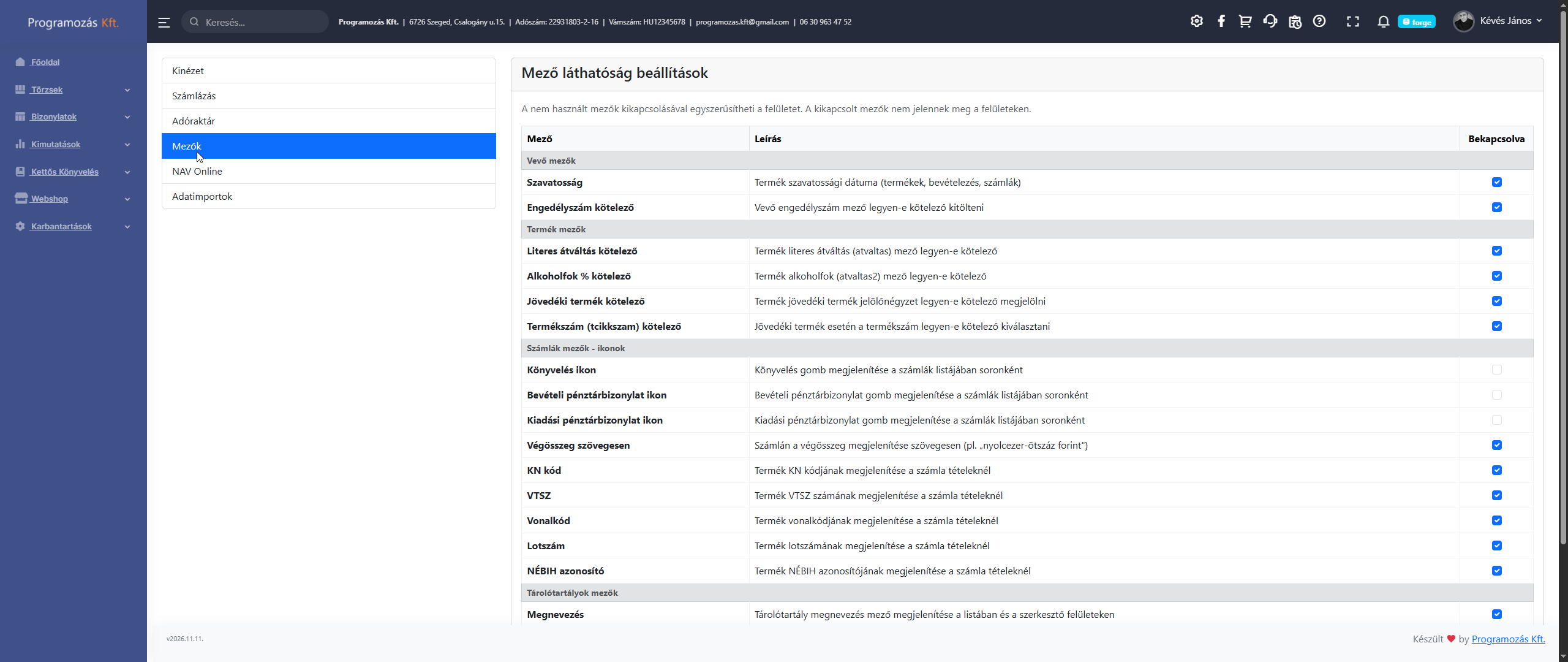 Mezők beállítások