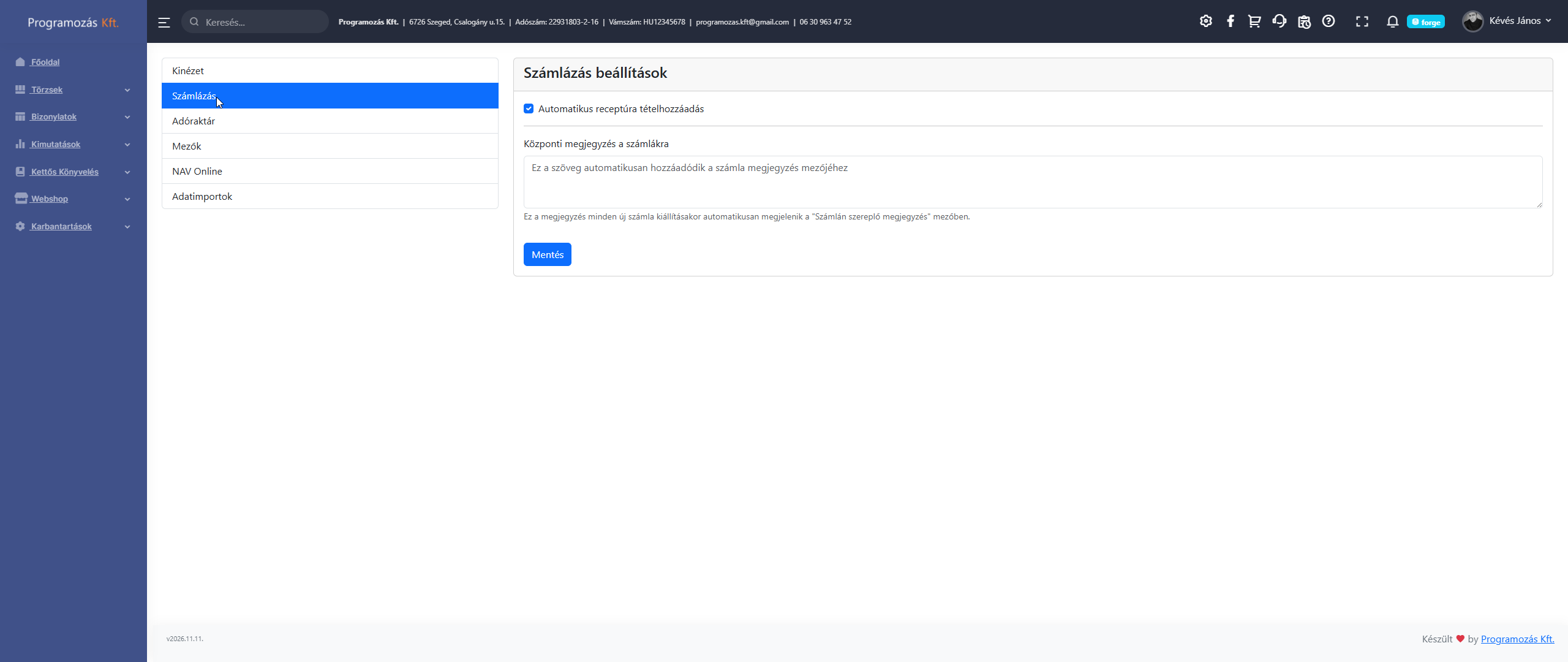 Számlázás beállítások