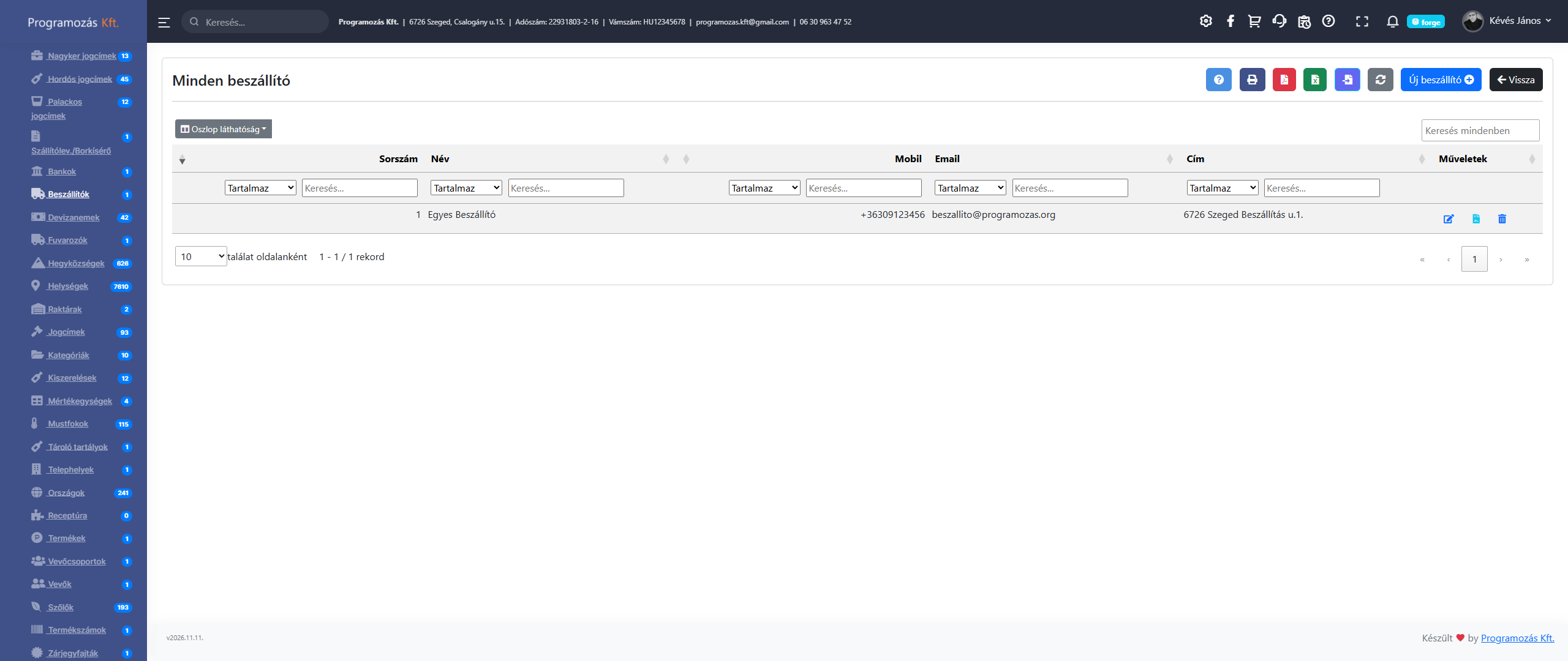 Beszállítók lista