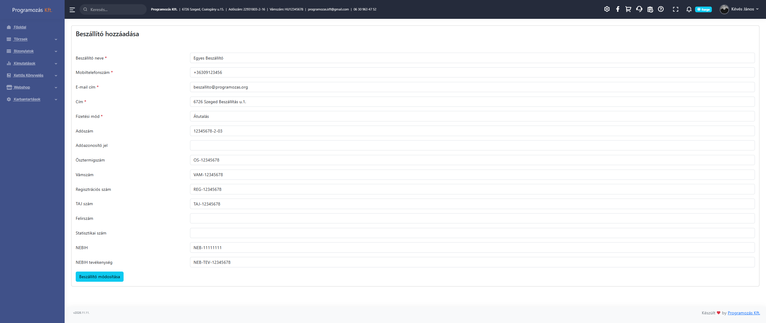 Új beszállító felvétele