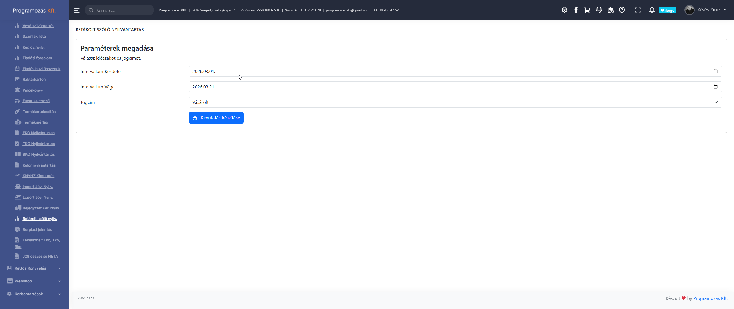 Betárolt szőlő nyilvántartás