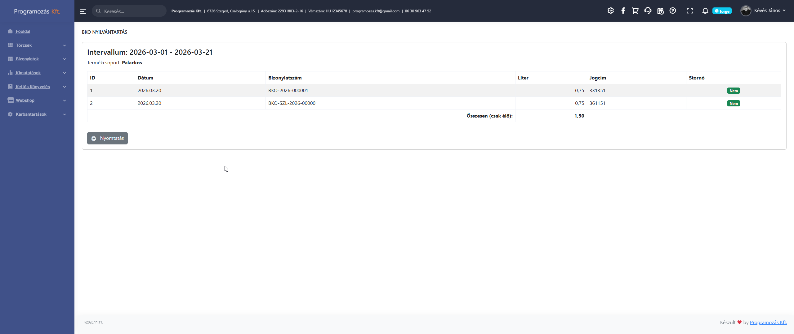BKO nyilvántartás kimutatás