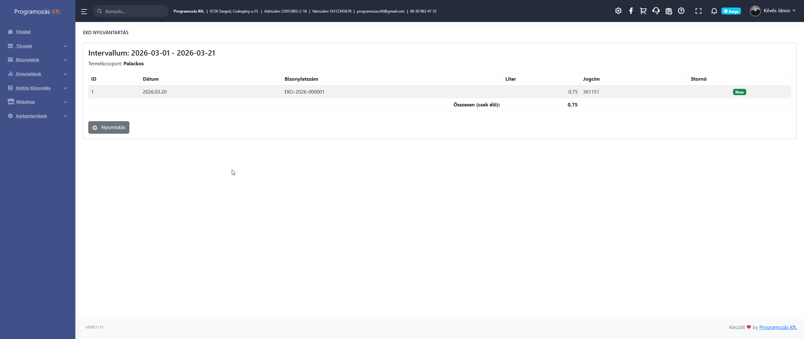 EKO nyilvántartás kimutatás