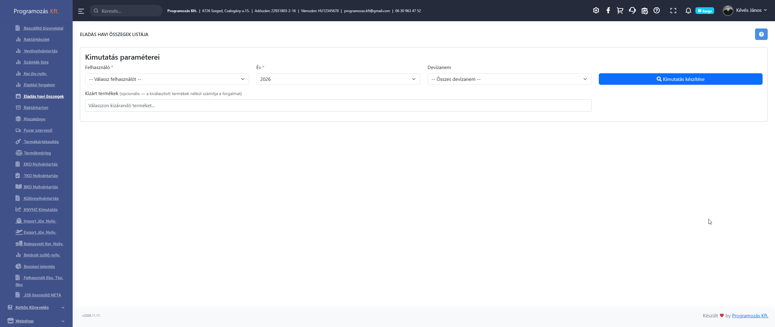 Eladás havi összegek szűrő