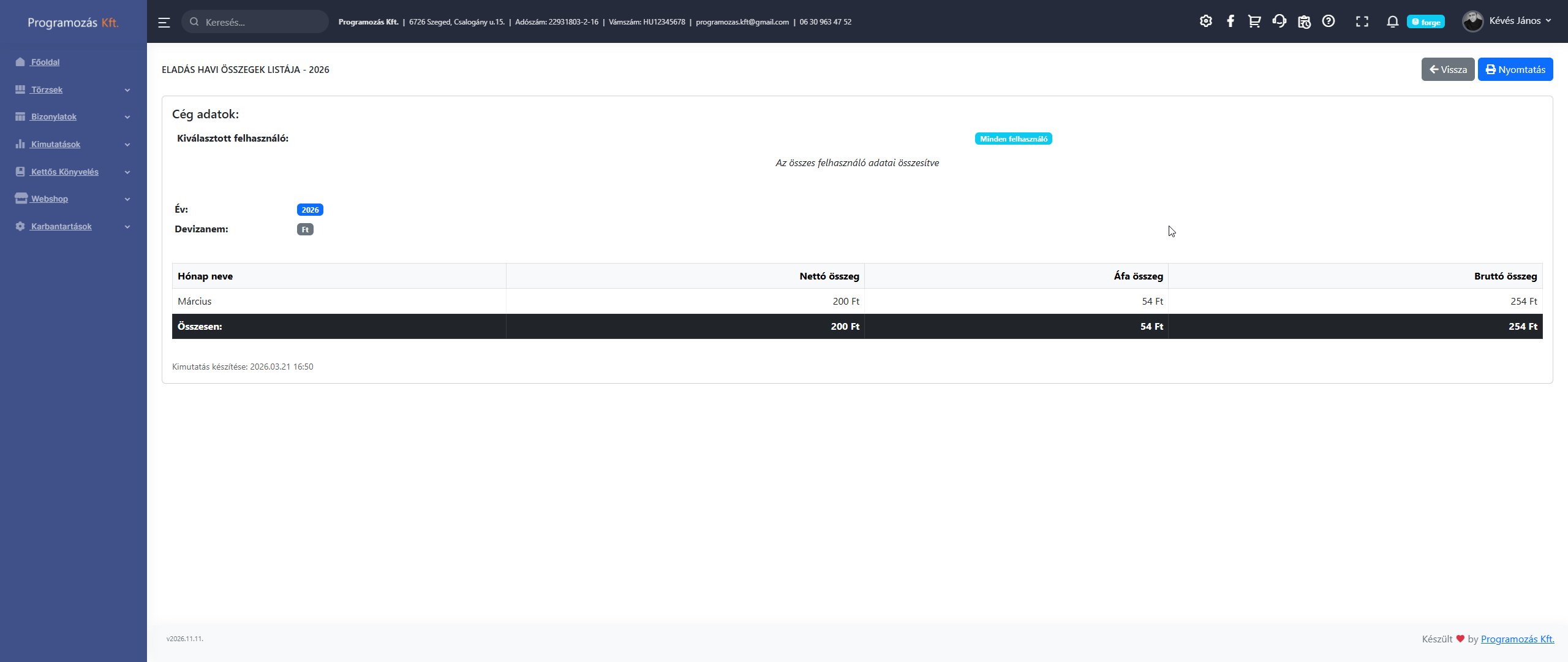 Eladás havi összegek nyomtatás