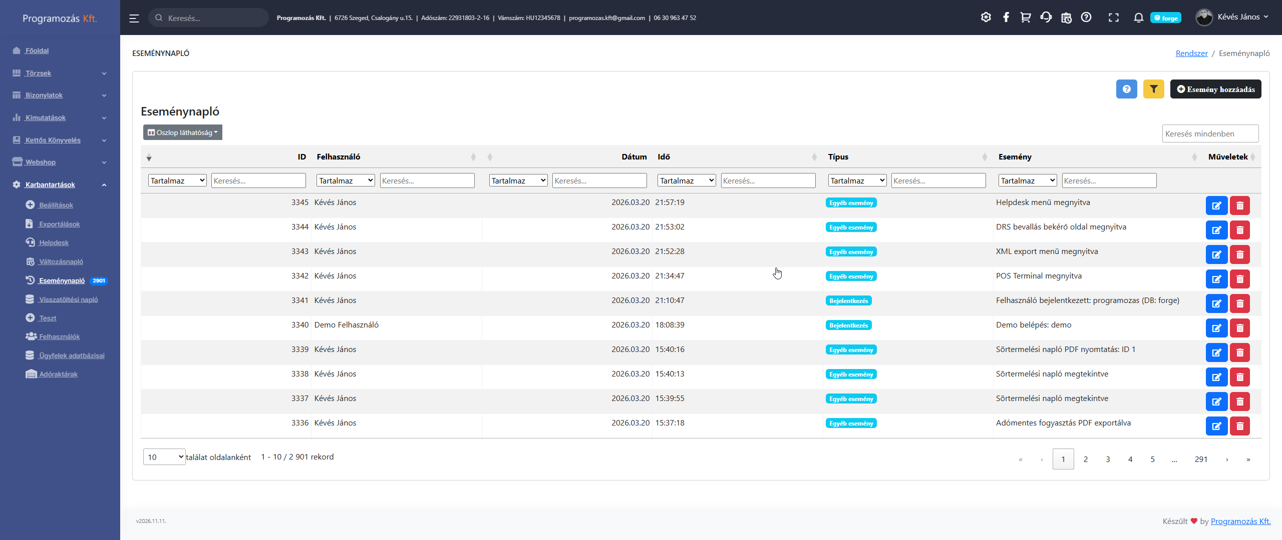Eseménynapló lista