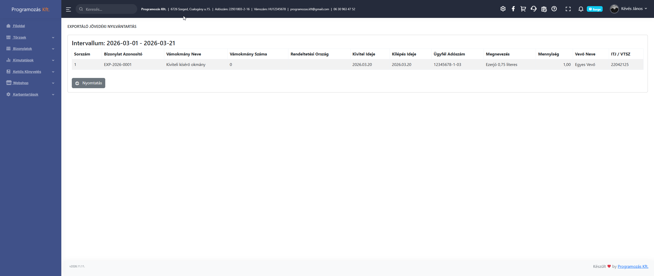 Export jövedéki kimutatás