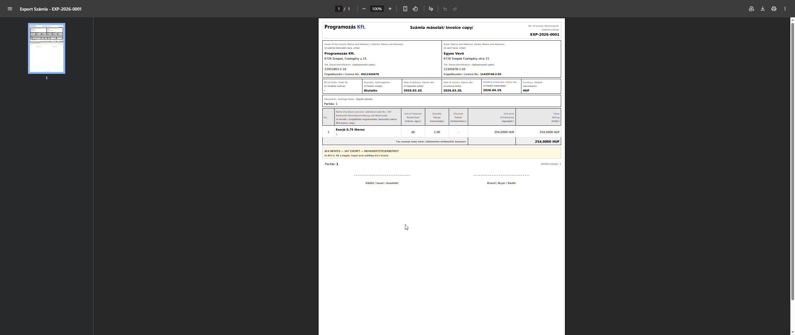 Export számla nyomtatási nézet
