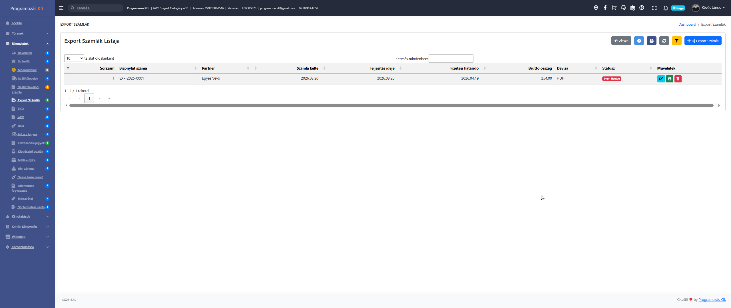 Export számlák lista