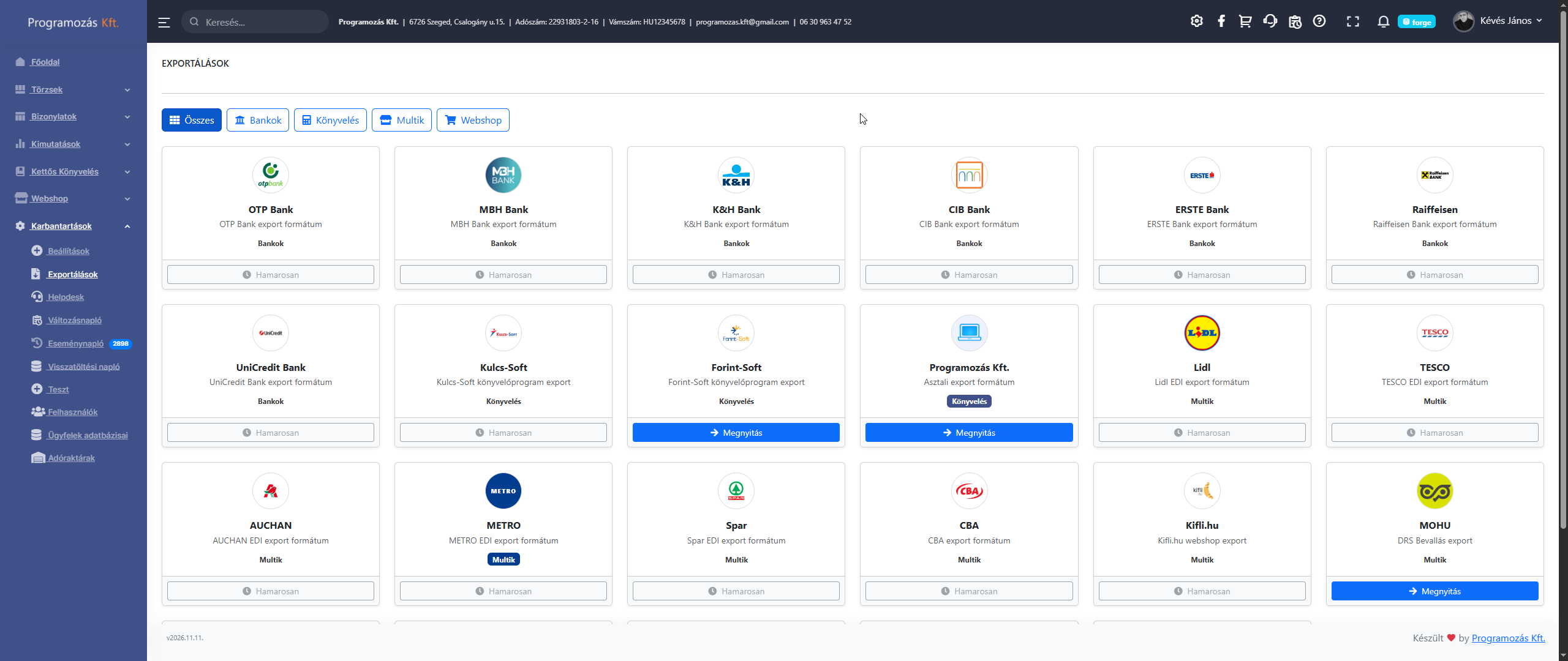 Exportálások főoldal