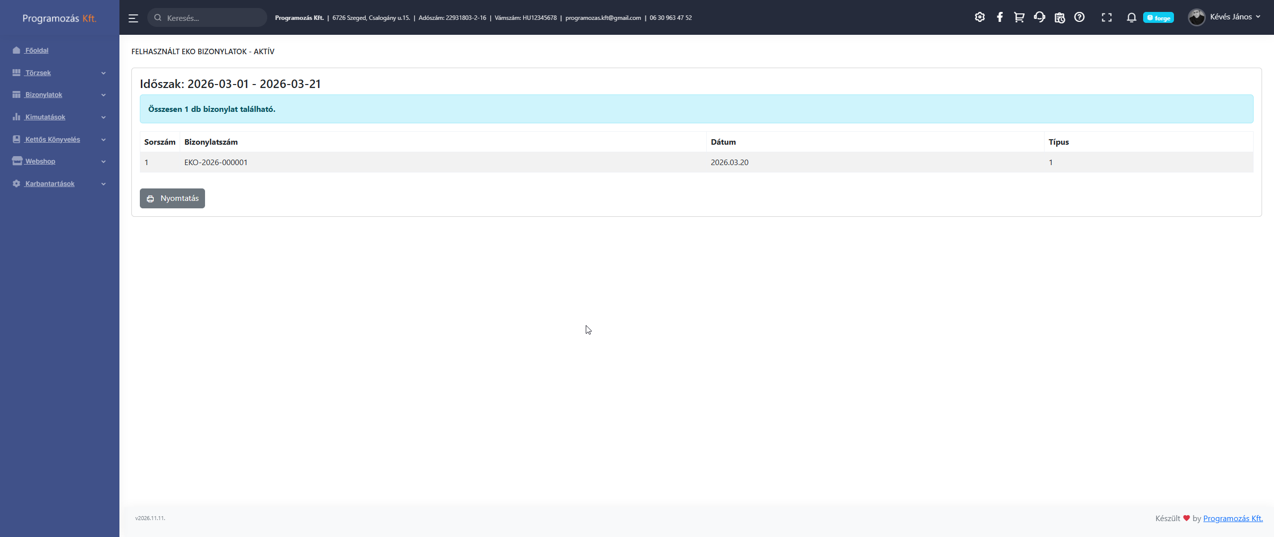 Felhasznált EKO, AKO, BKO kimutatás