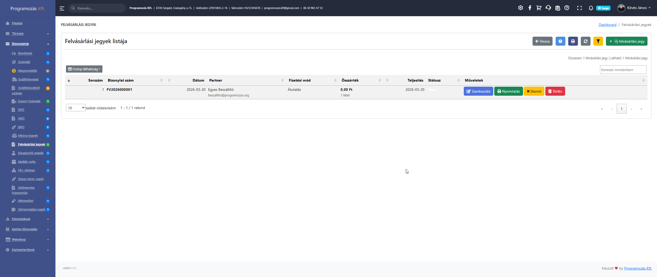 Felvásárlási jegyek lista