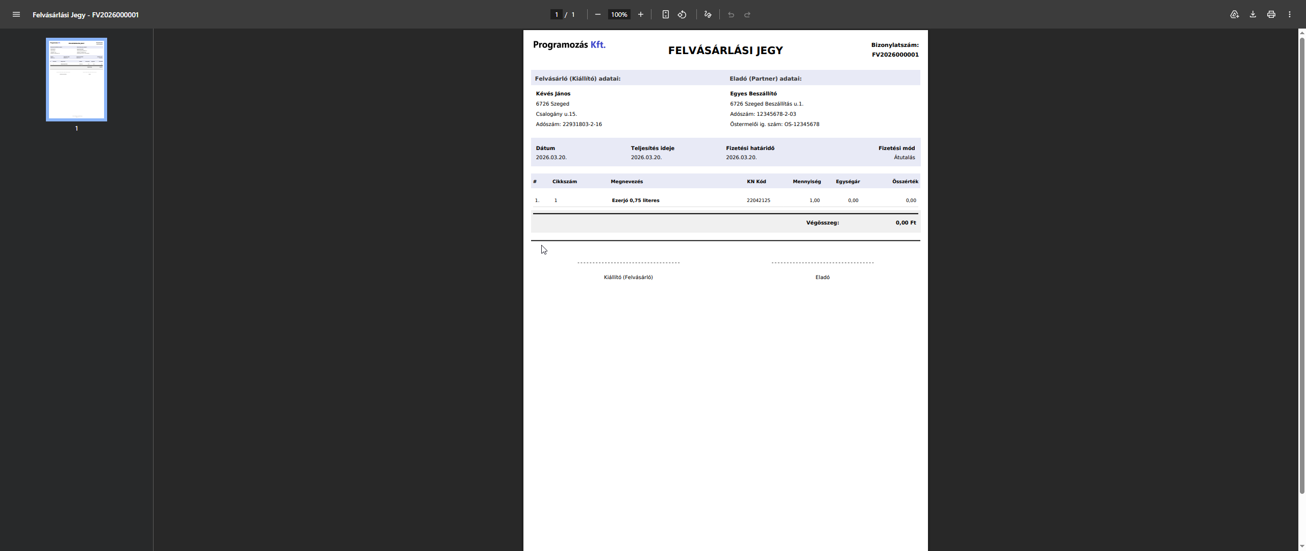 Felvásárlási jegy nyomtatási nézet