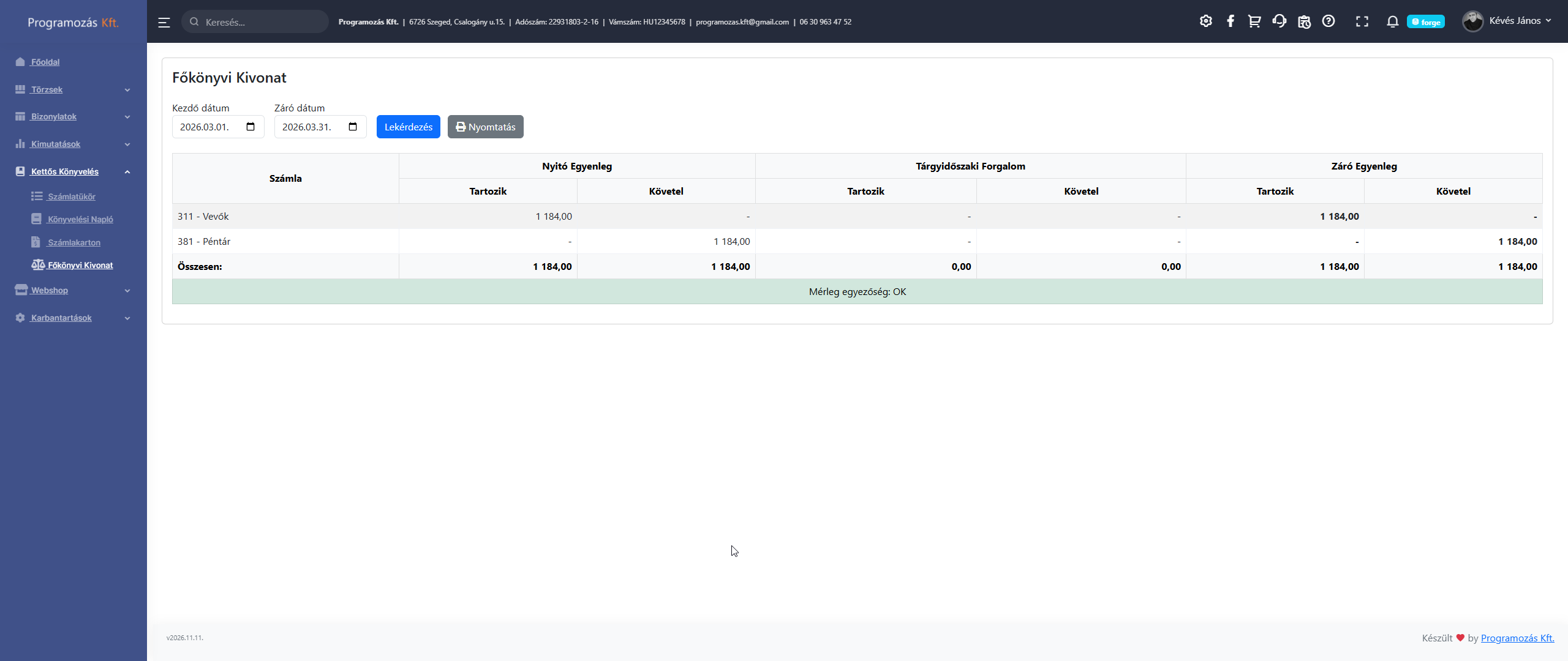 Főkönyvi kivonat lekérdezés