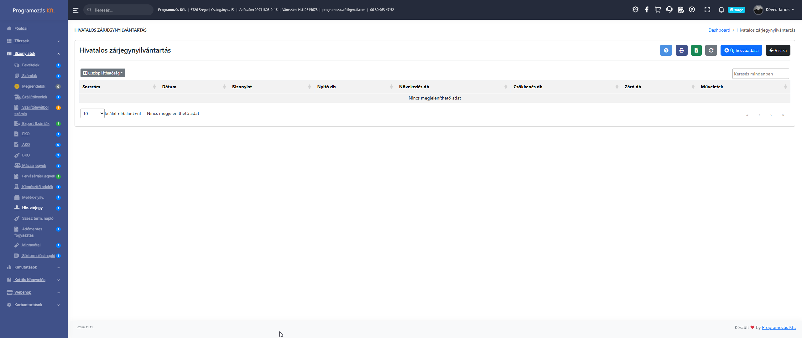 Hivatalos zárjegy lista