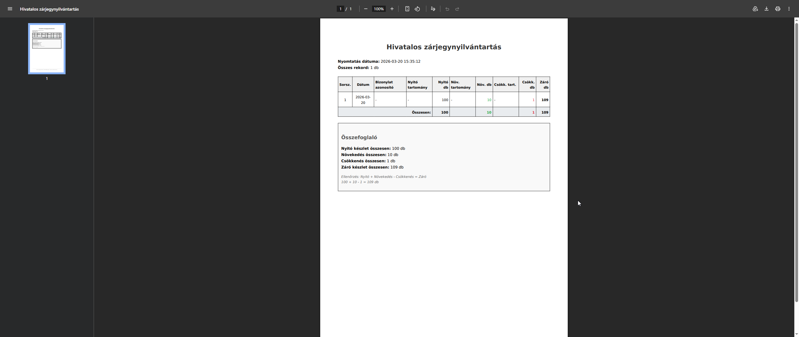 Hivatalos zárjegy nyilvántartás nyomtatási nézet
