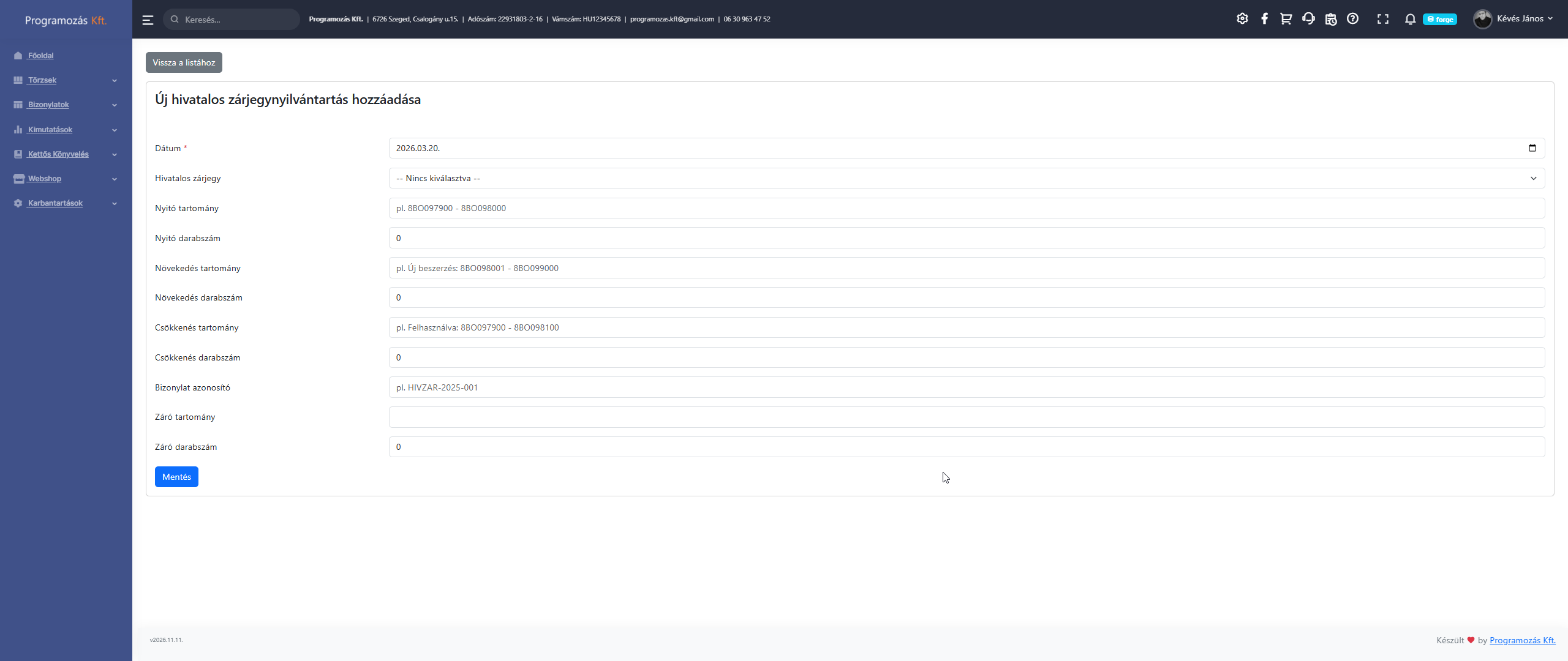 Új zárjegy bejegyzés