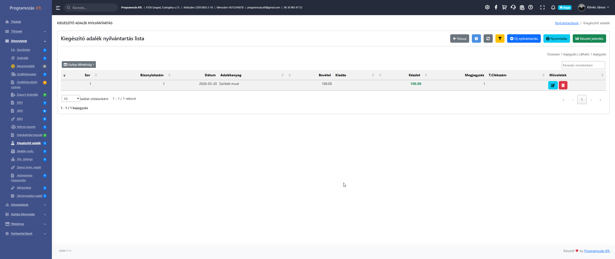 Kiegészítő adalékanyag nyilvántartás lista