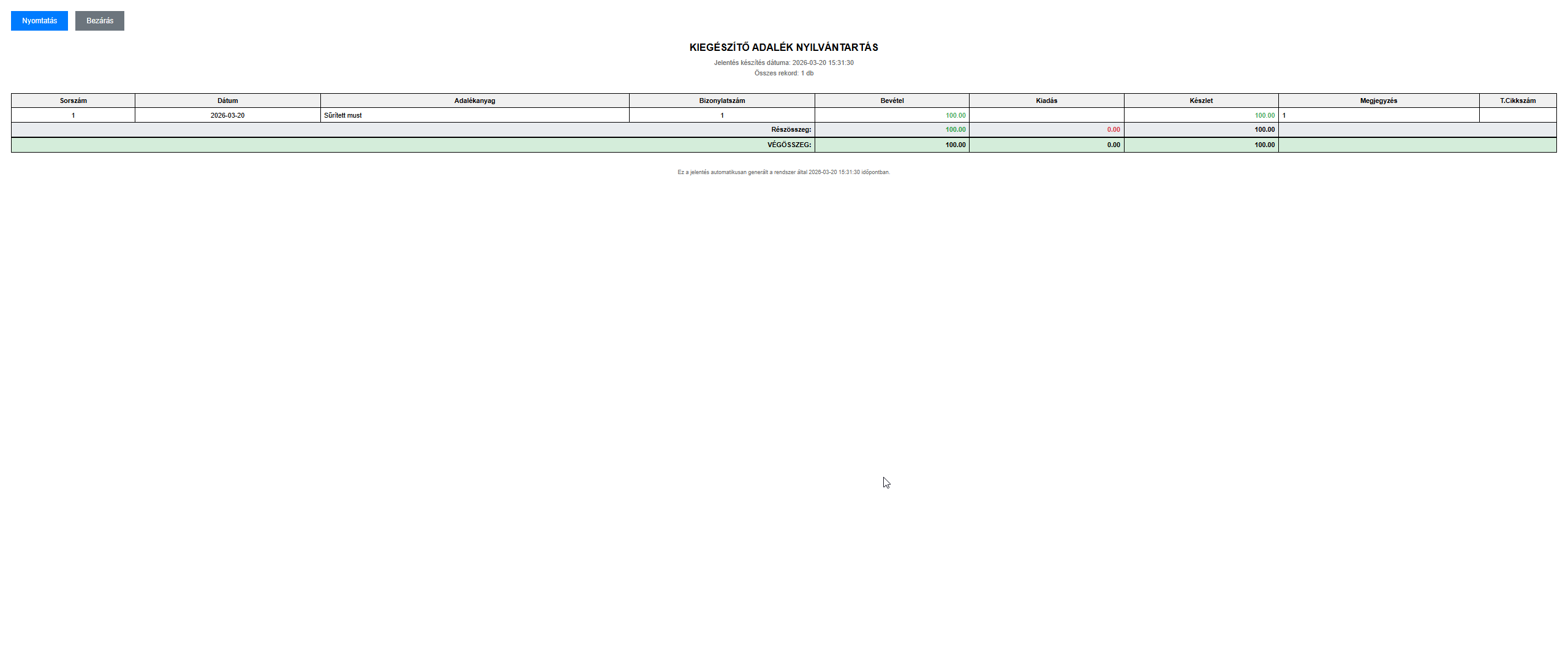 Kiegészítő adalékanyag nyilvántartás nyomtatási nézet
