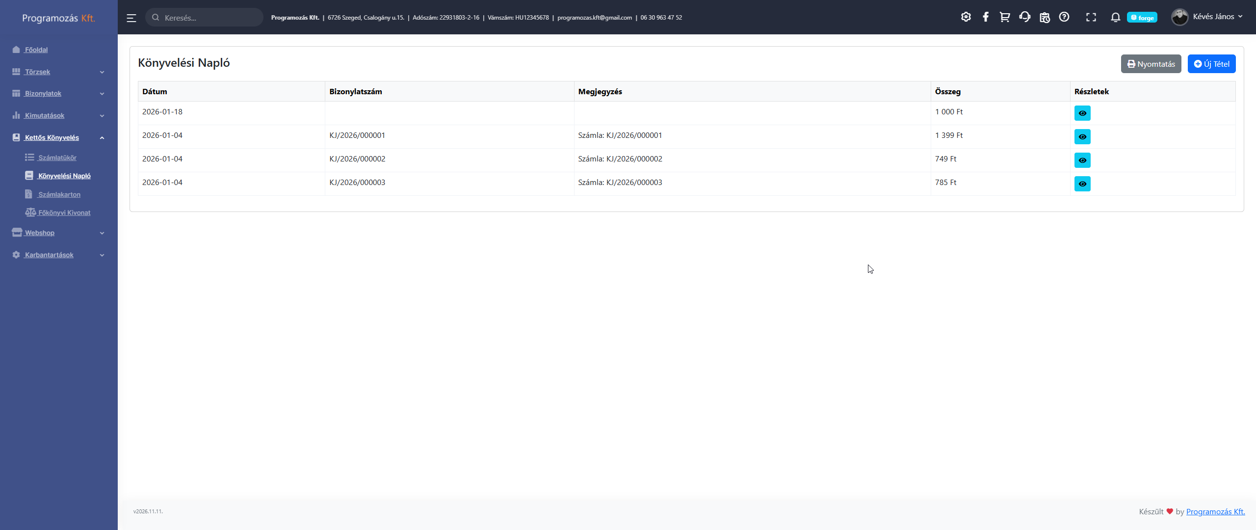 Könyvelési napló lista