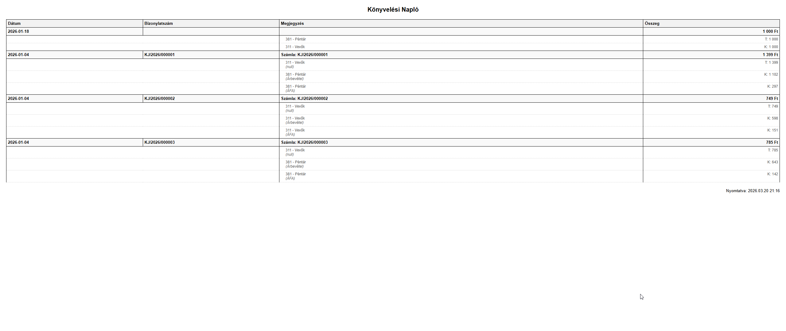 Könyvelési napló nyomtatás