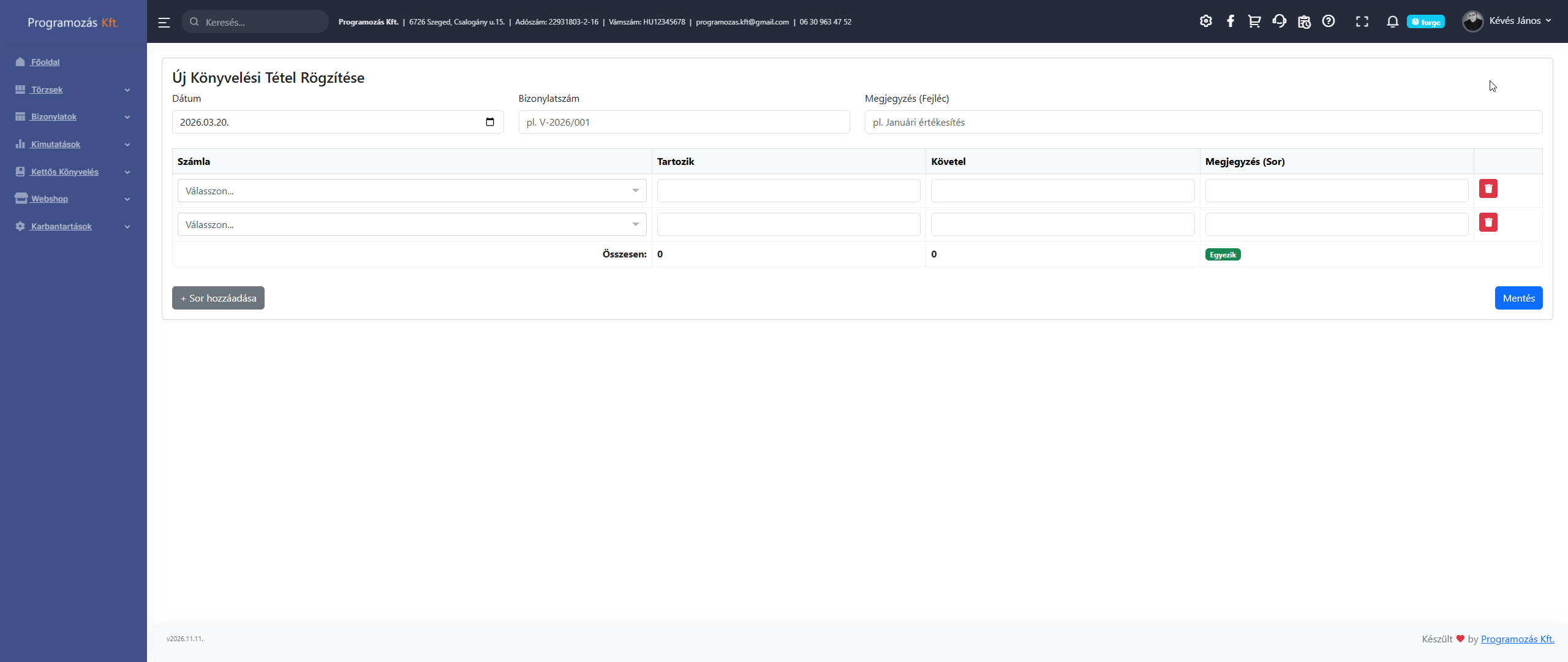 Új könyvelési tétel rögzítése