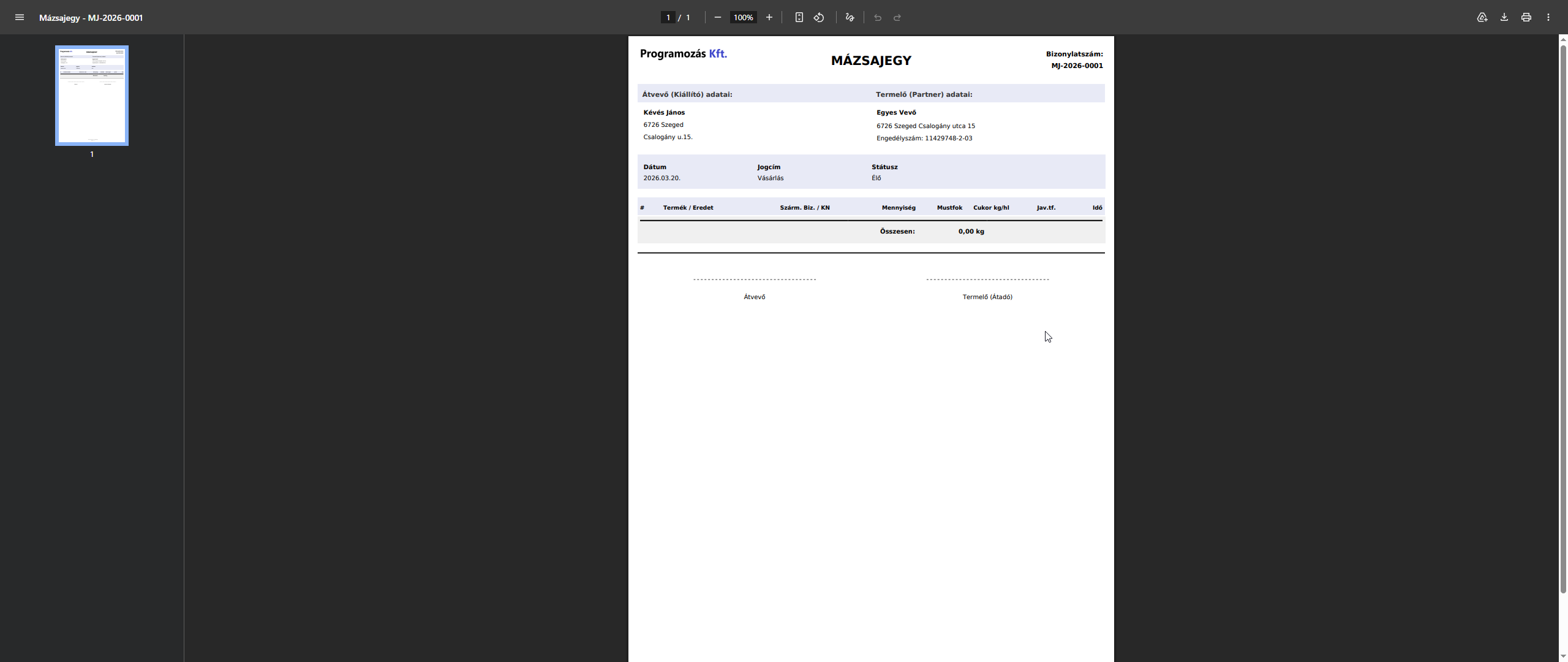 Mázsajegy nyomtatási nézet