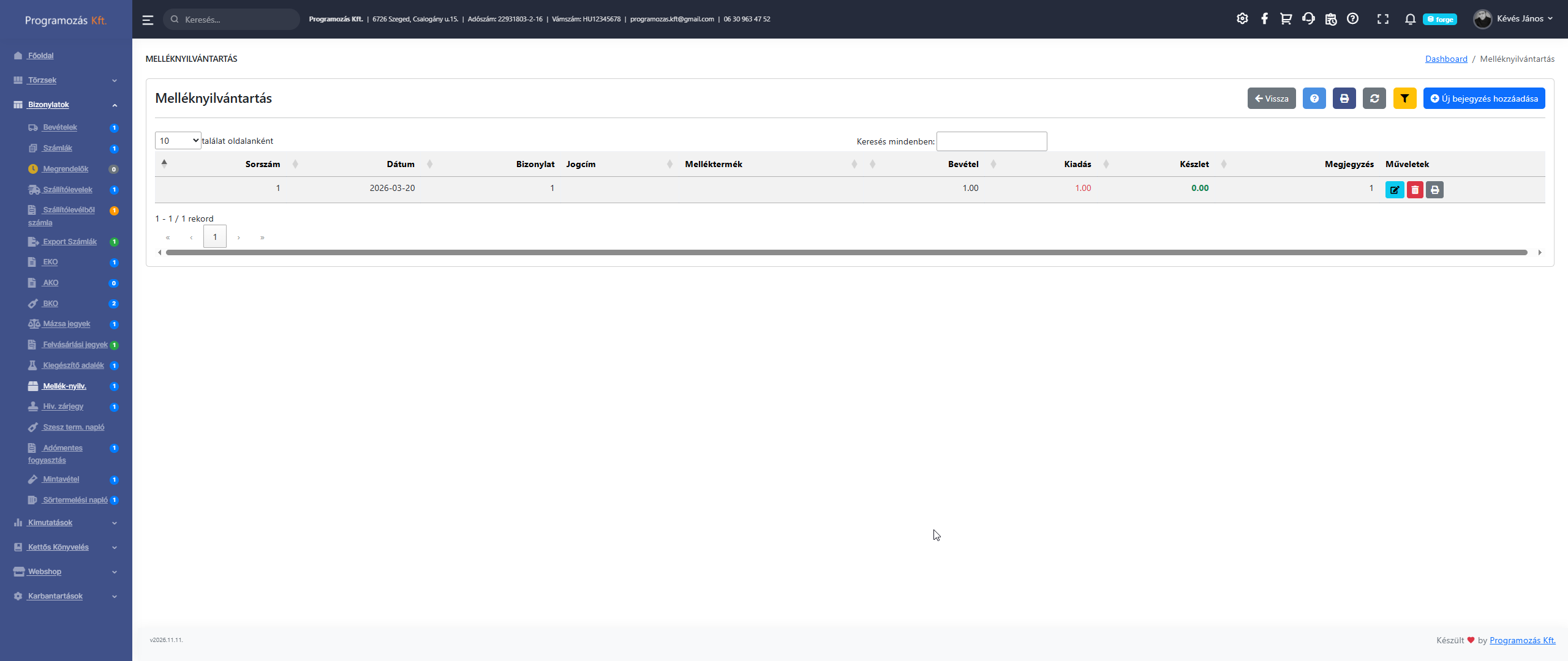 Melléktermék nyilvántartás lista