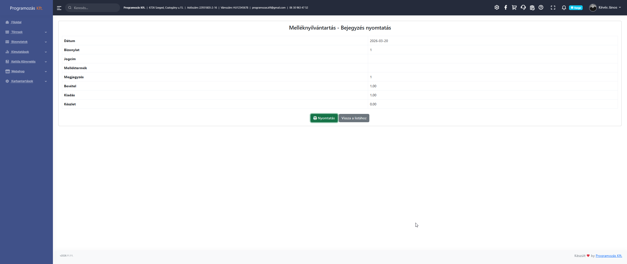 Melléktermék nyilvántartás nyomtatási nézet