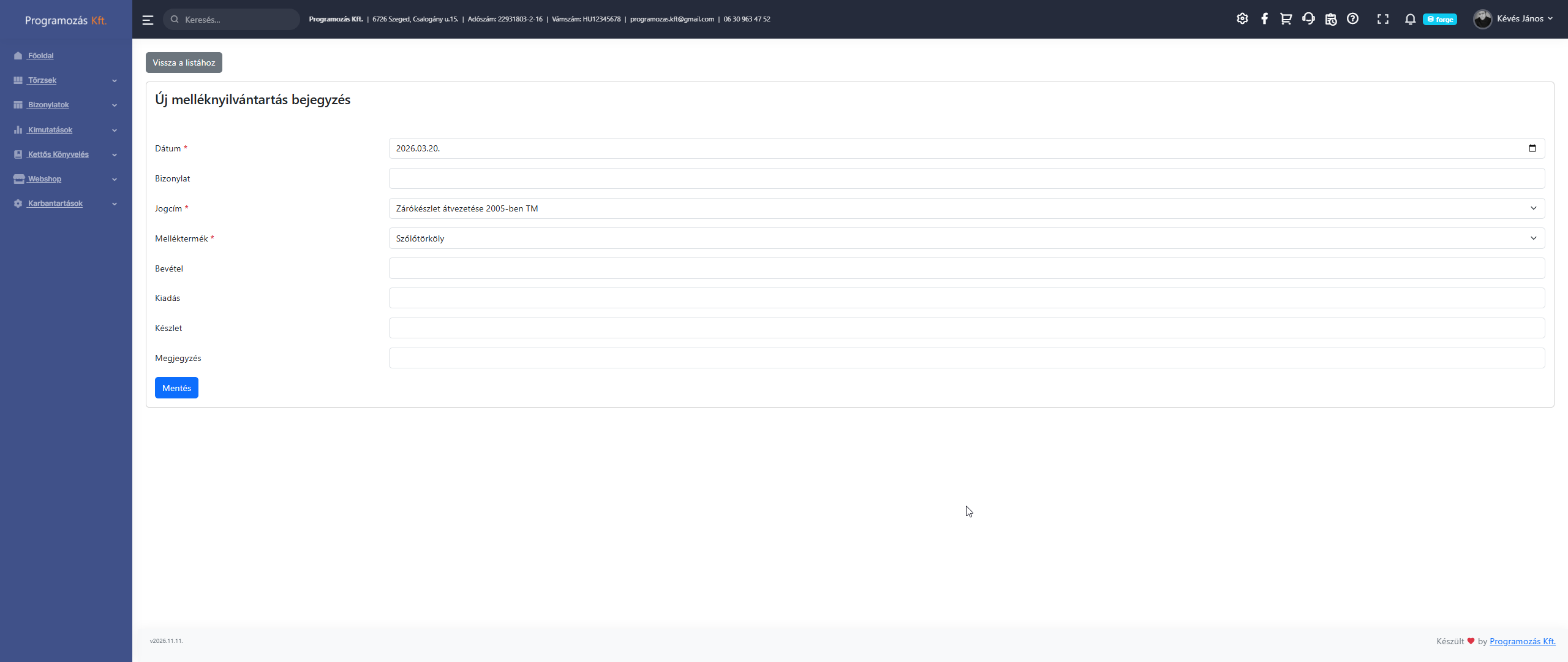 Új melléktermék bejegyzés
