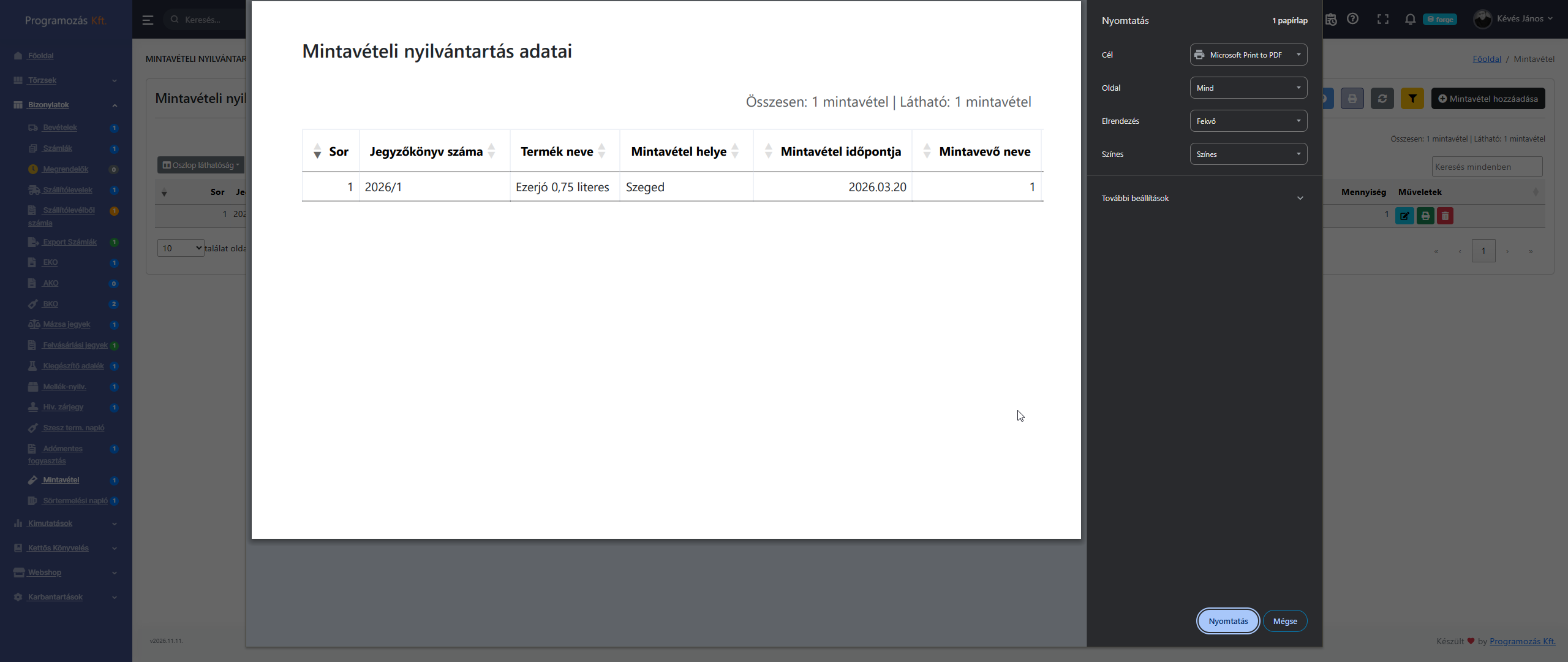 Mintavétel nyomtatási nézet