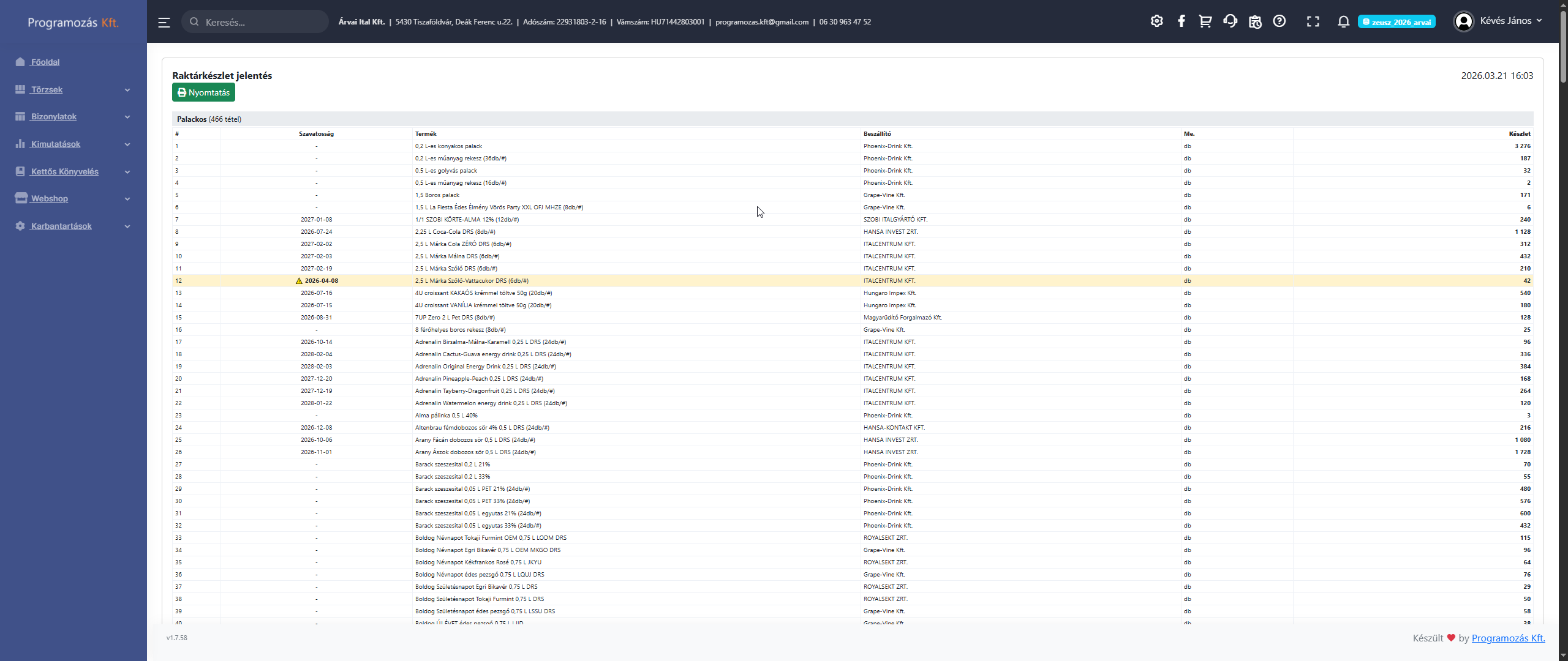 Raktárkészlet nyomtatás