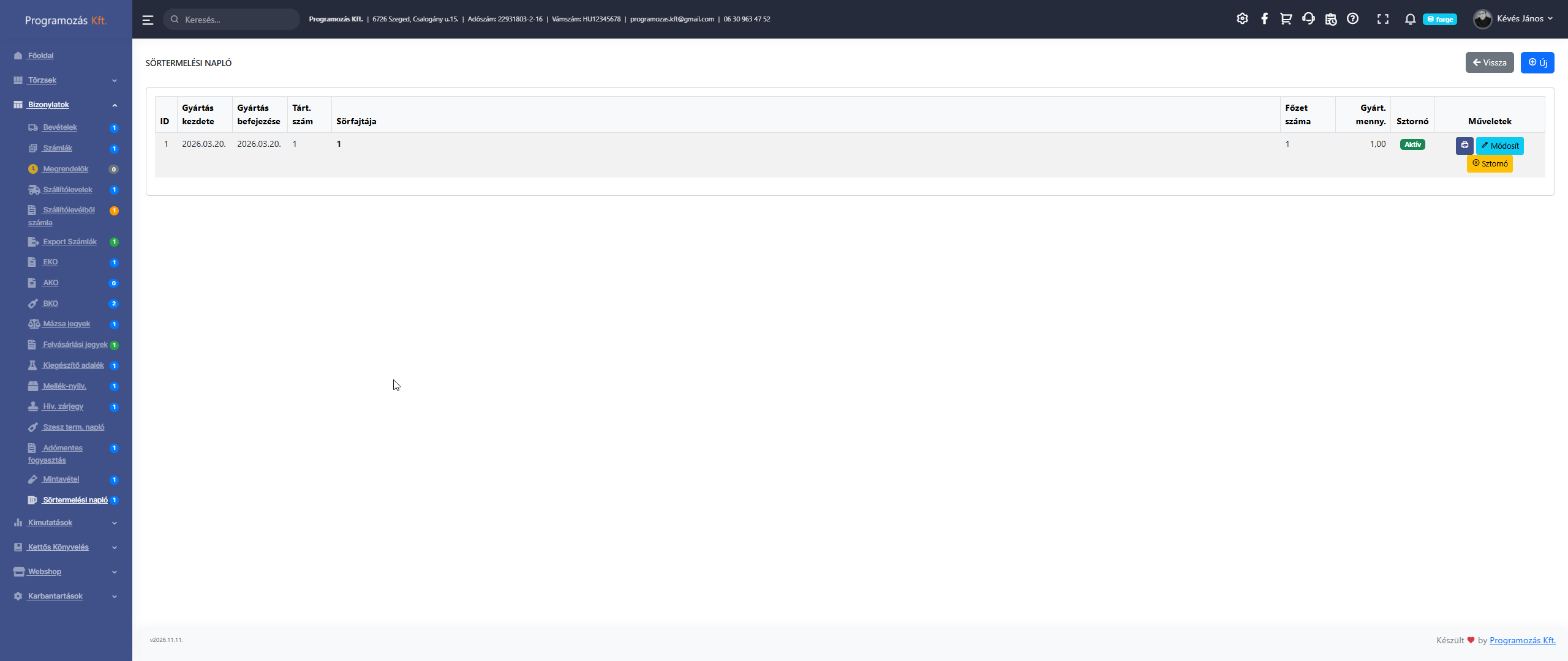Sör termelési napló lista