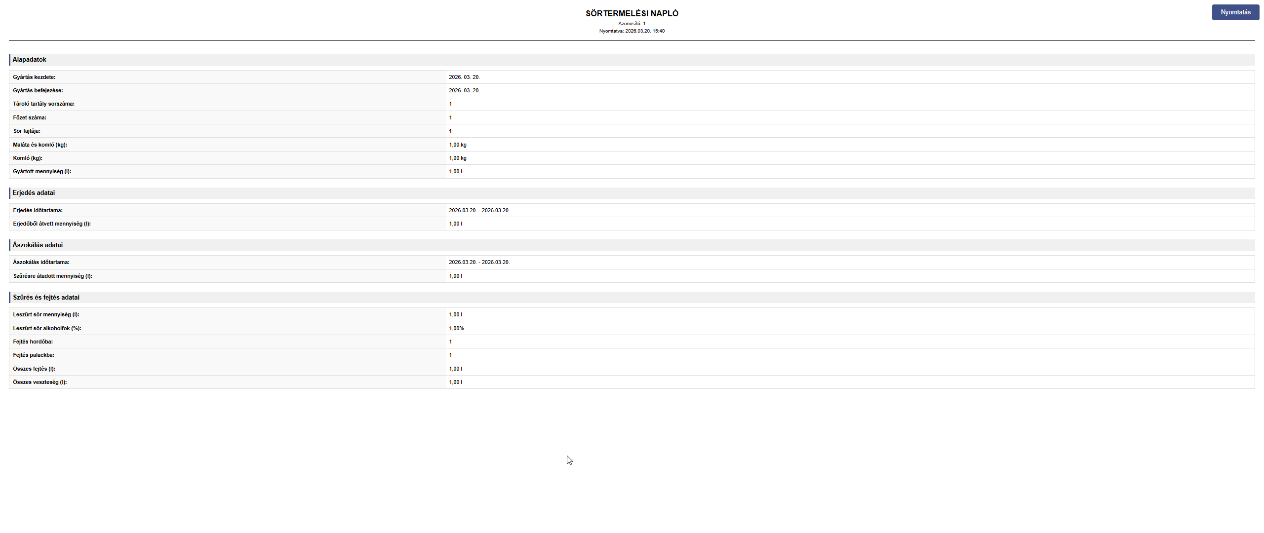 Sör termelési napló nyomtatási nézet