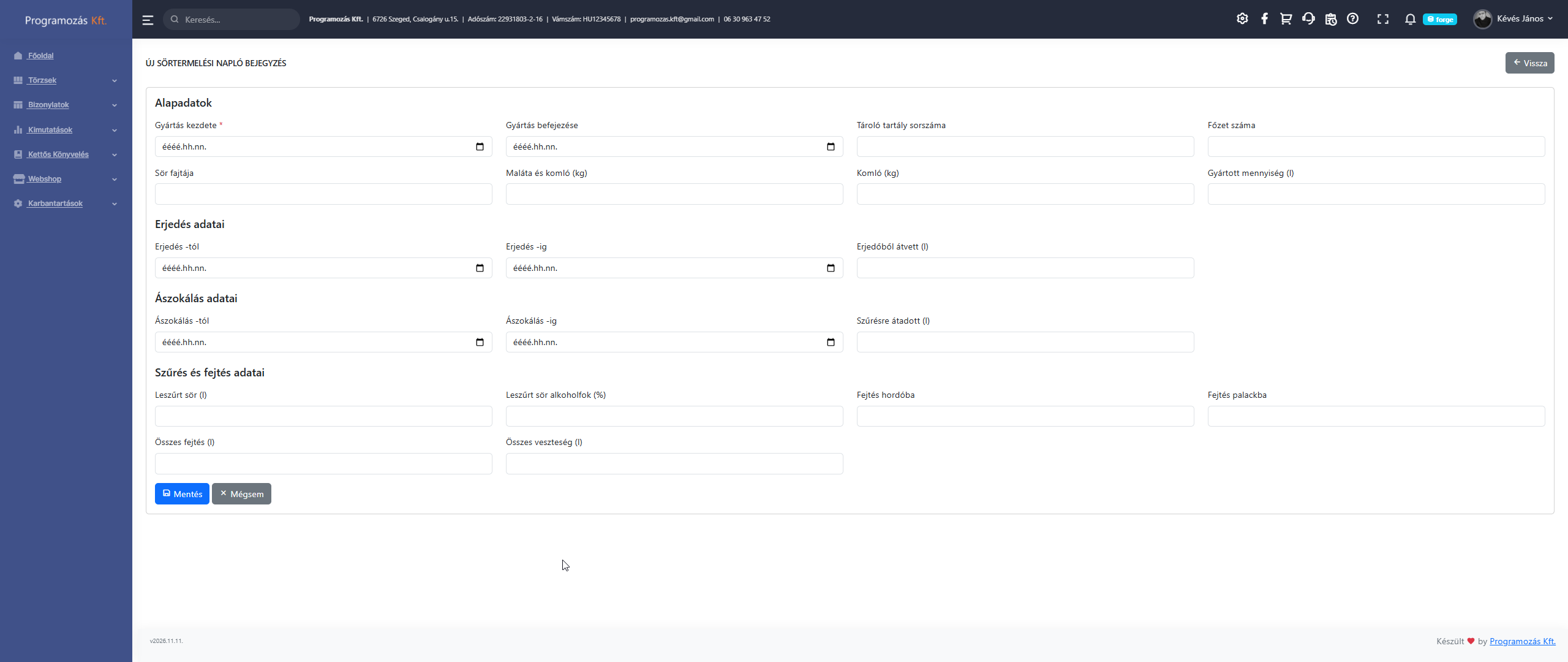 Új sör termelési napló bejegyzés