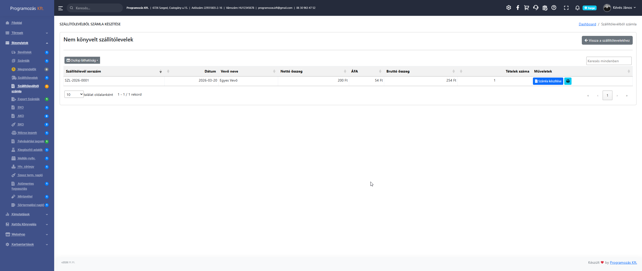 Szállítólevélből számla lista