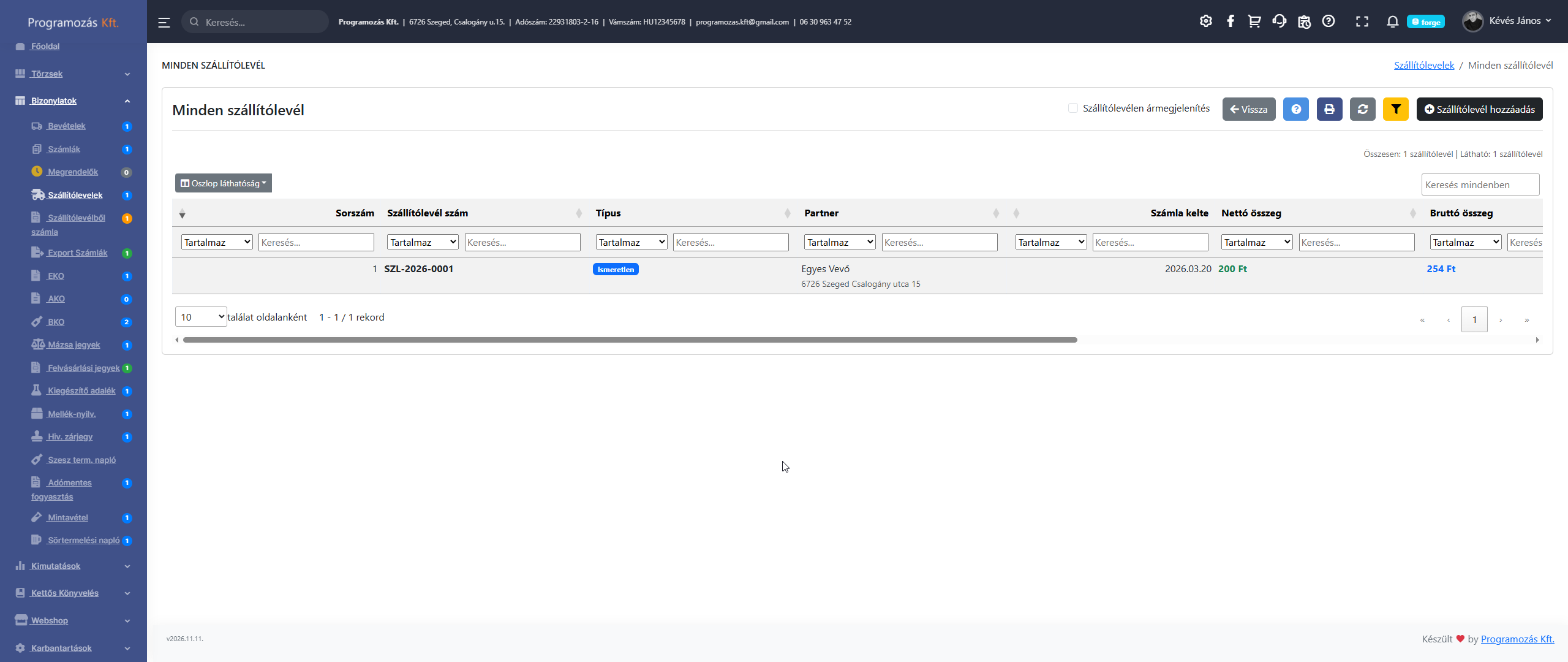 Szállítólevelek lista