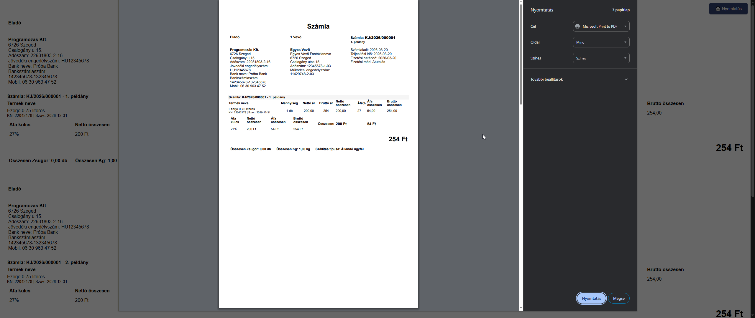 Számlák lista nyomtatás