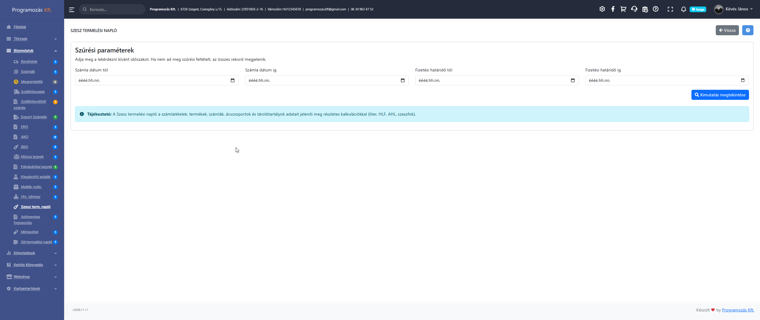 Szesz termelési napló