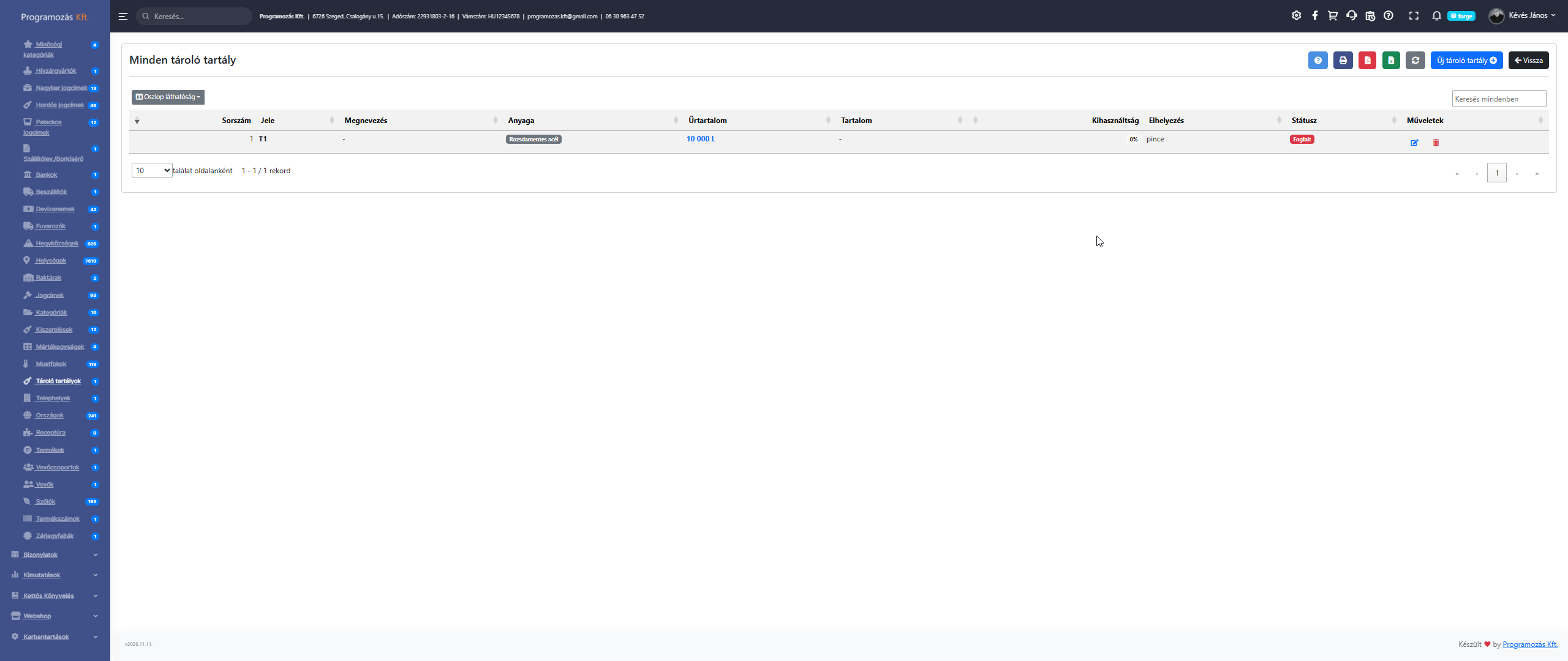 Tárolótartályok lista