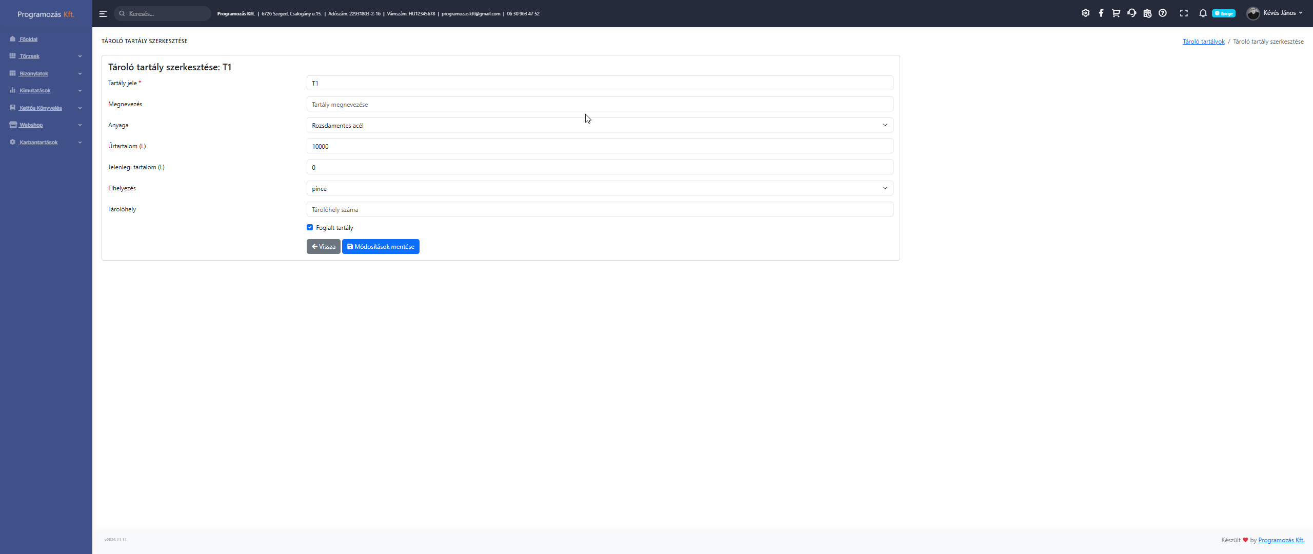 Új tárolótartály felvétele