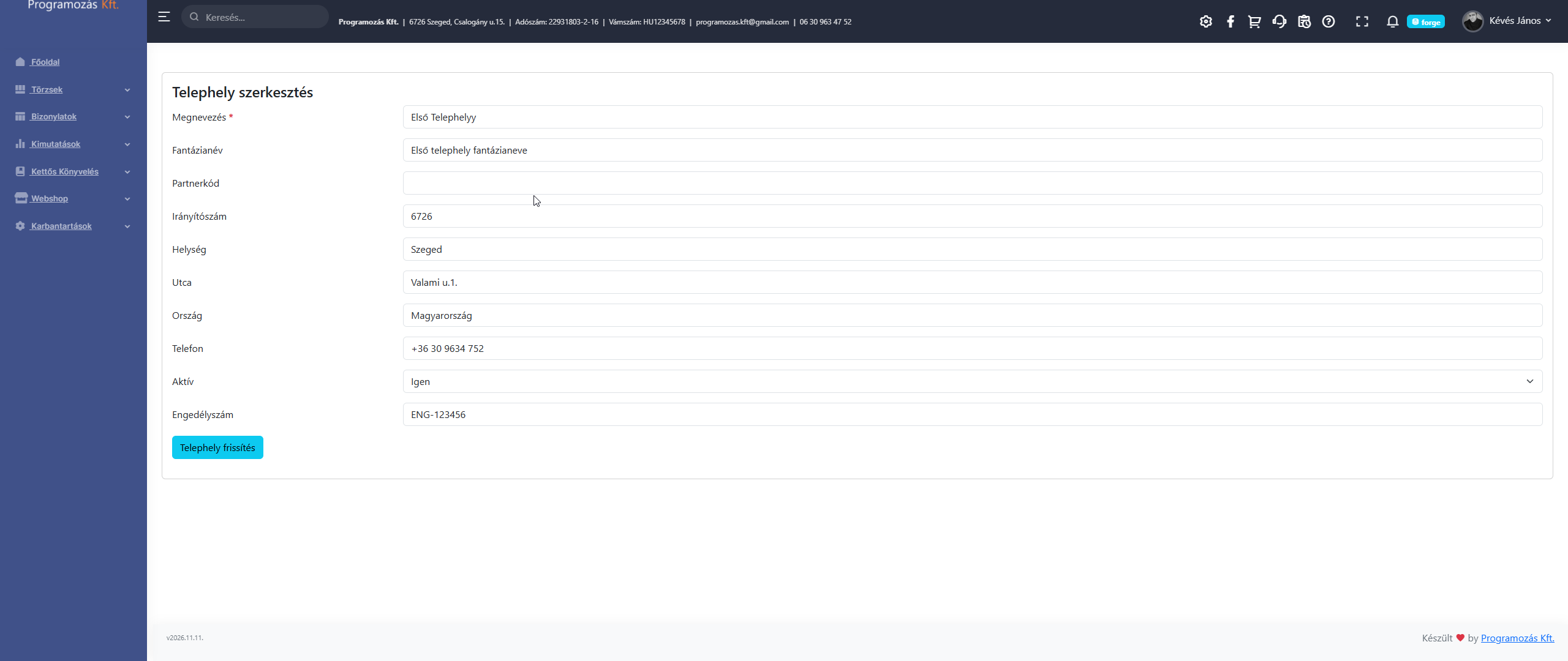 Új telephely felvétele