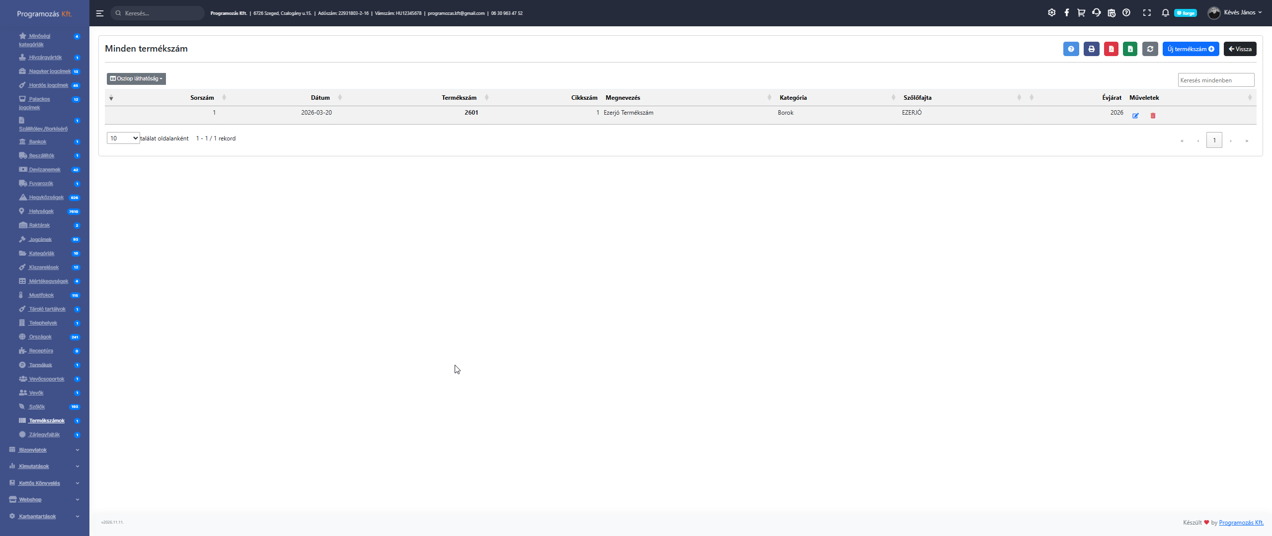 Termékszámok lista