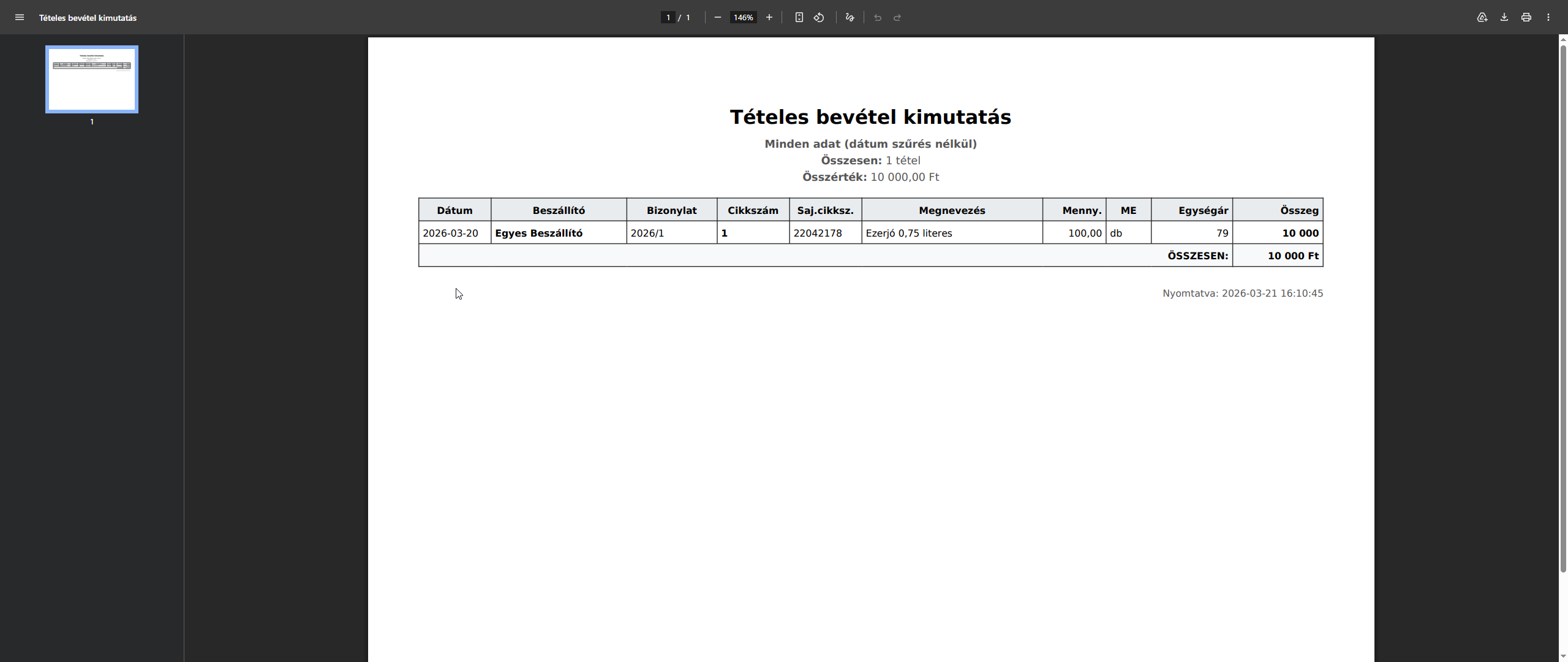 Tételes bevétel nyomtatás