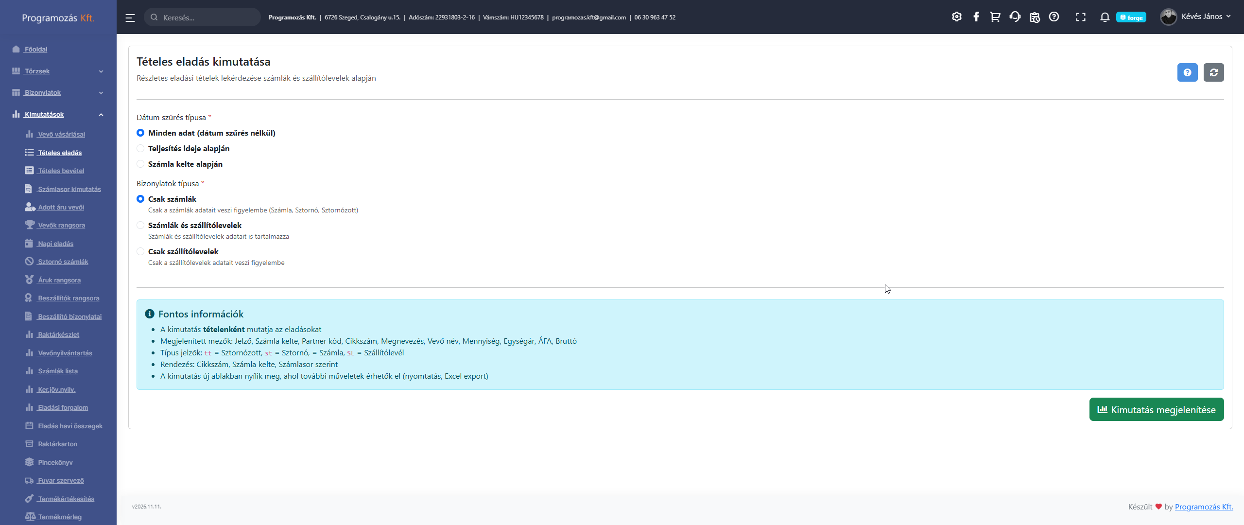 Termelési eladás szűrő