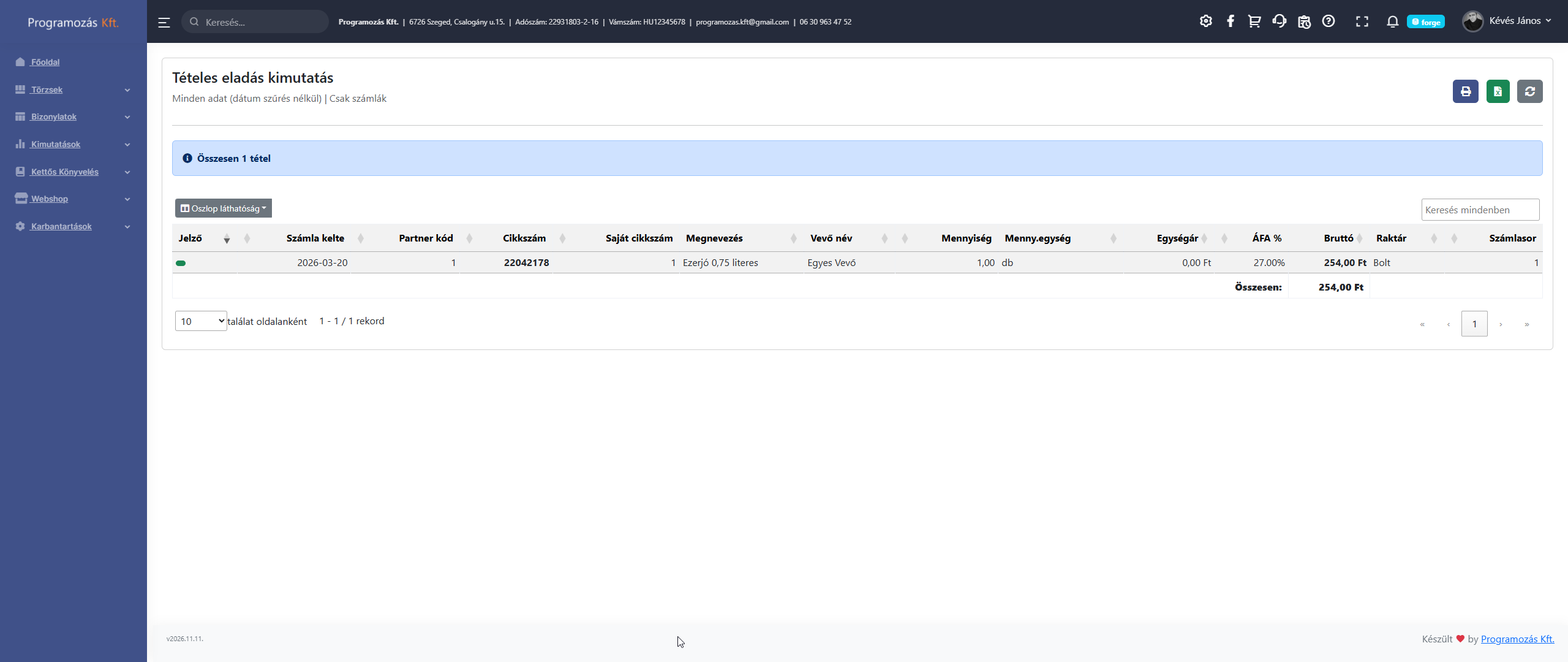 Termelési eladás kimutatás