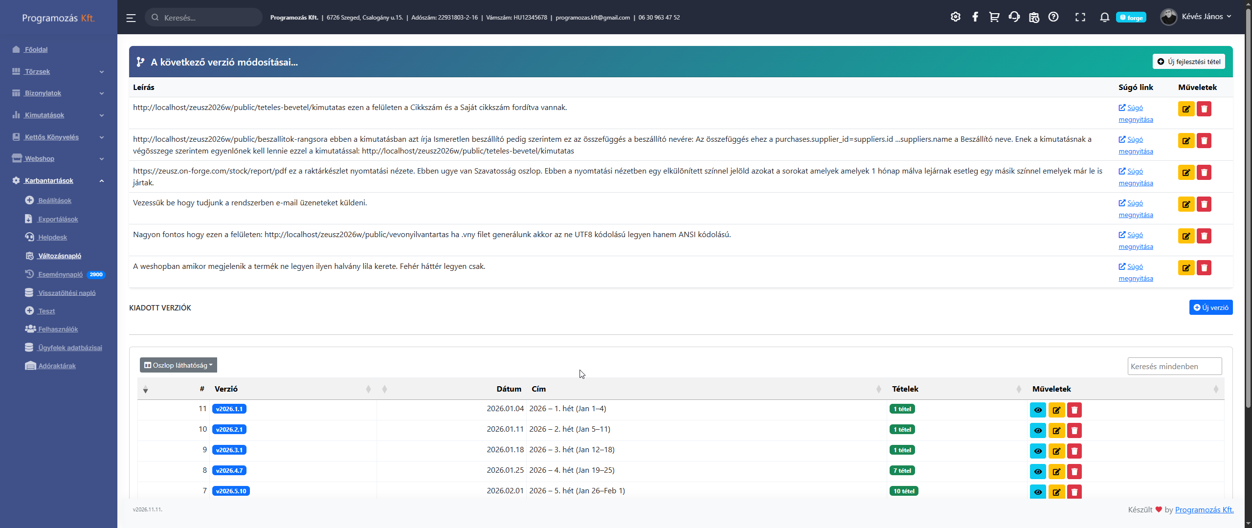Változásnapló lista