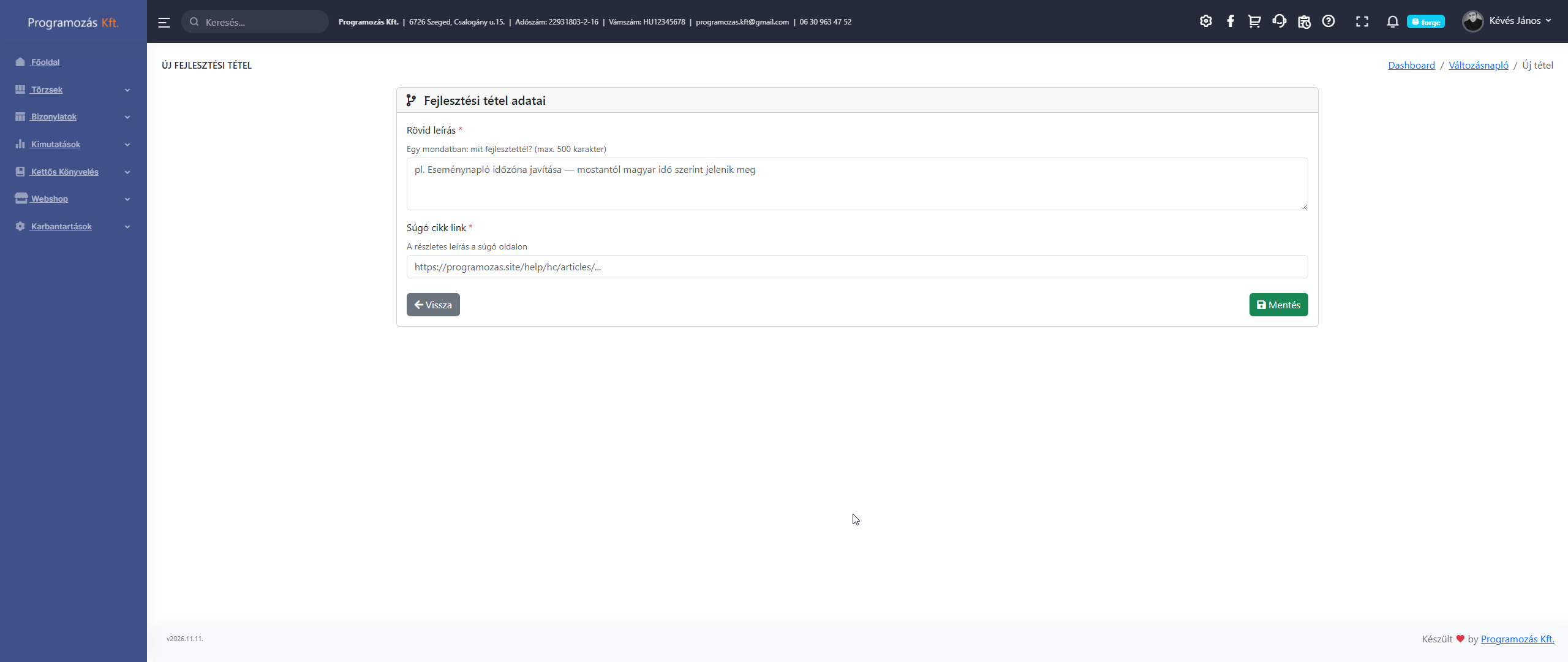 Új változásnapló bejegyzés